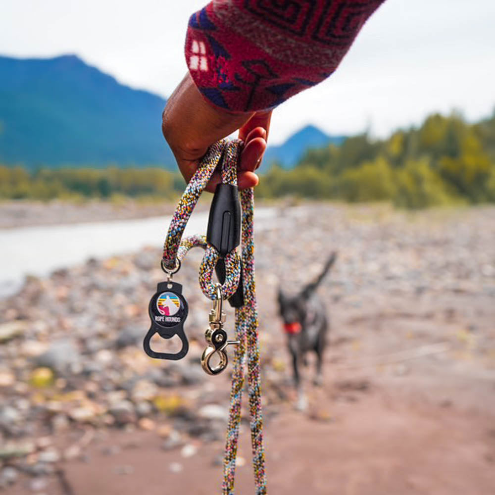 Man holding a Rope Hounds leash on the beach with his dog in the background.