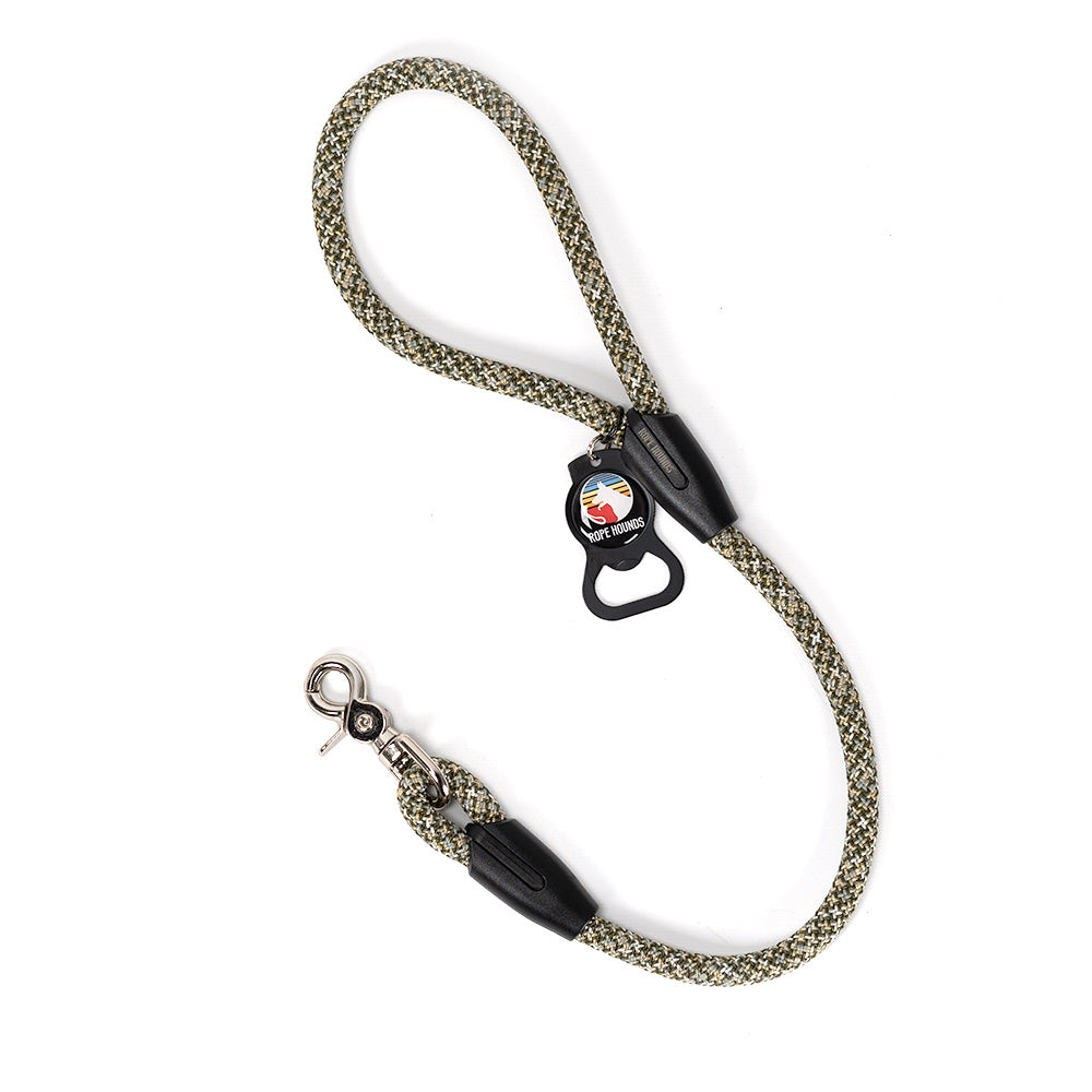 2-foot climbing rope dog leash with a Rope Hounds bottle opener attached