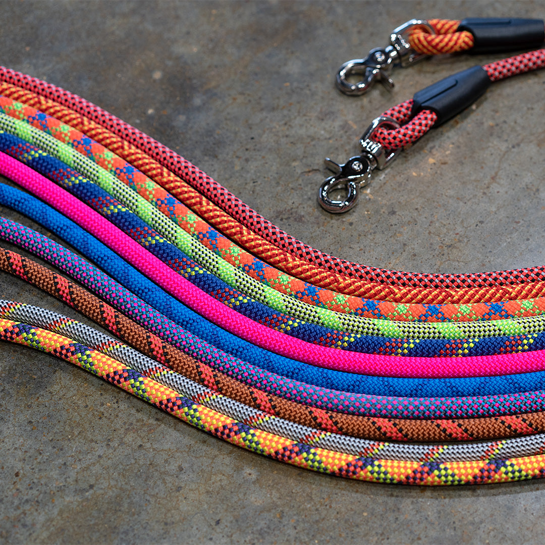 Colorful climbing rope in blue, orange, gray, red, pink, and purple.