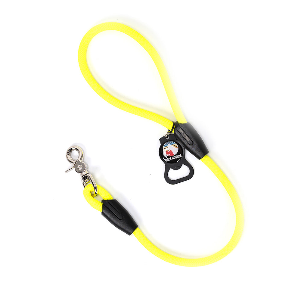 Rope Hounds 2 foot yellow climbing rope dog leash with bottle opener attached to handle