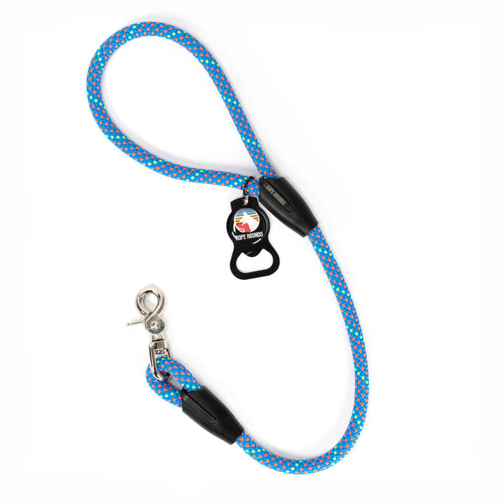 Blue 2' climbing rope dog leash with a bottle opener attached to the handle