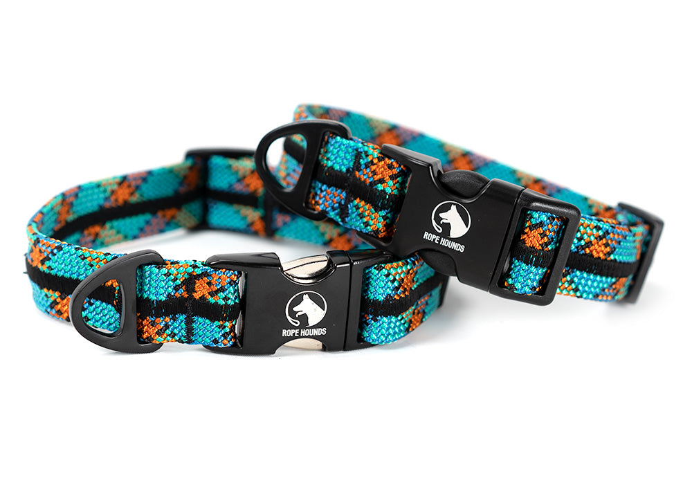 Blue rope dog collar with teal and orange. Color is Mountain Top.